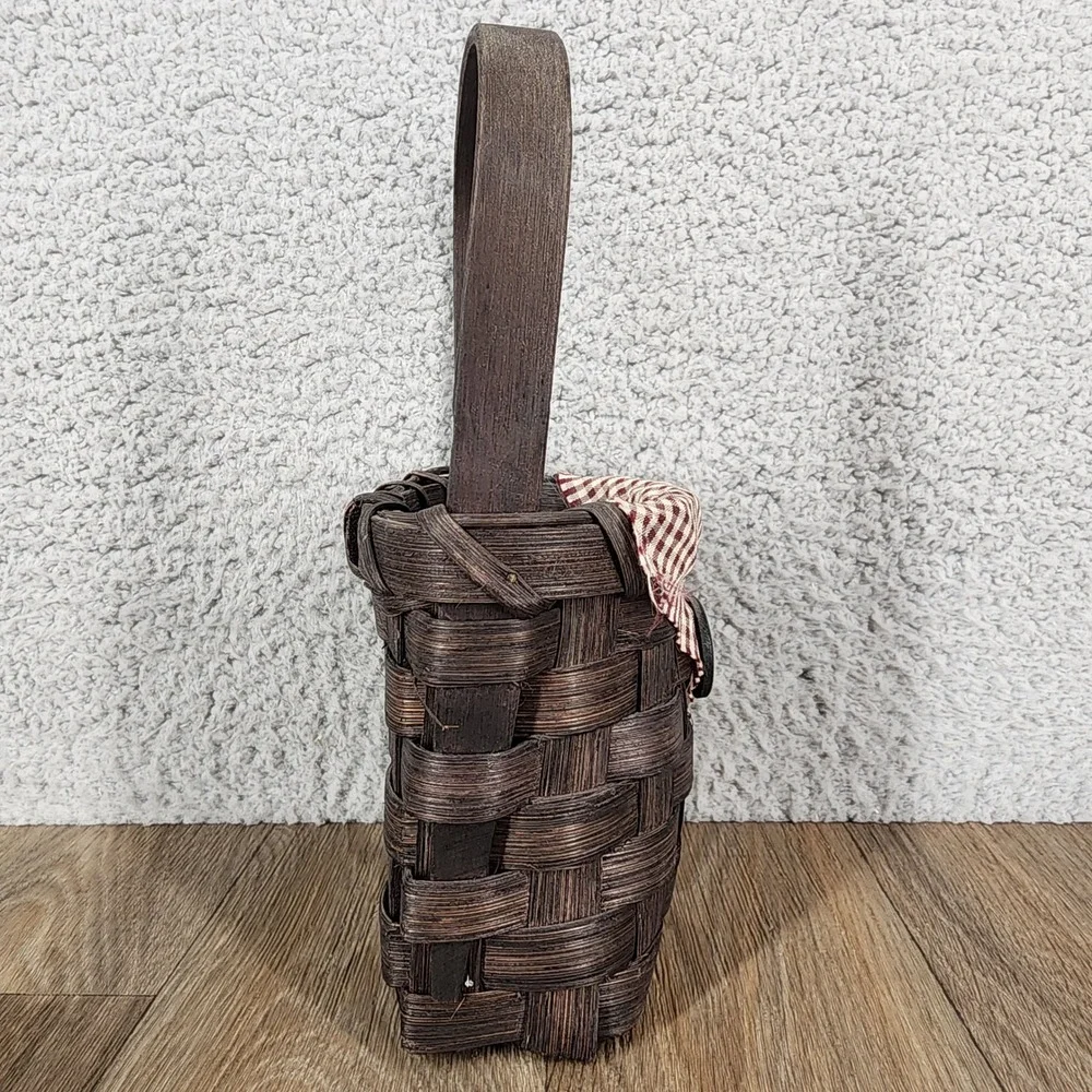 Vintage Woven Basket Espresso Brown Gingham Fabric Button Primitive Decor 9in